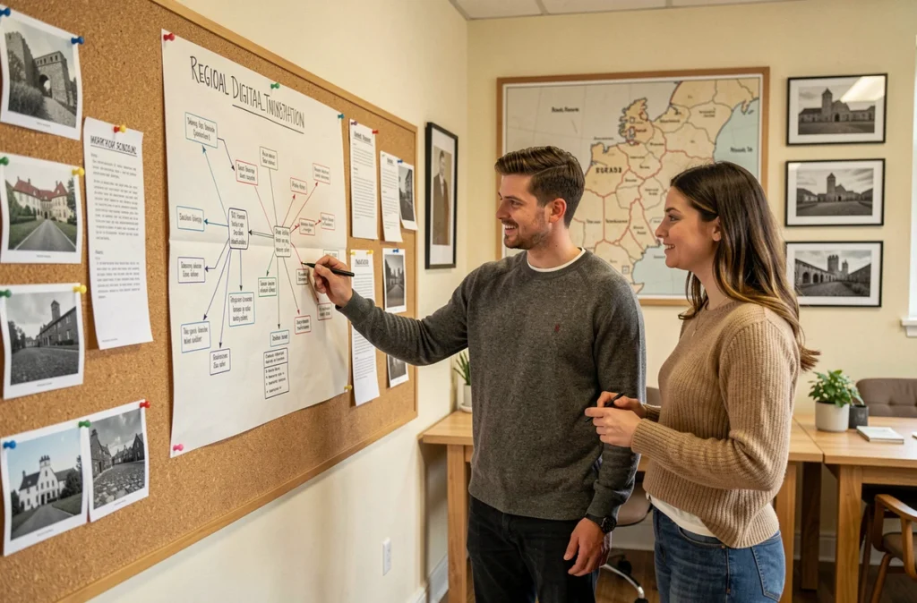 Équipe de Normandie Digital examinant une feuille de route de transformation numérique régionale dans un espace de travail décoré d'une carte de Normandie