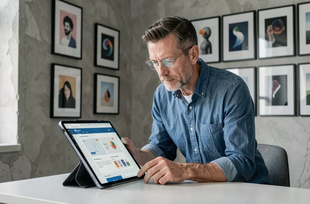 Designer UX de l'agence Nouveau Regard examinant des prototypes de sites web sur une tablette dans un studio aux murs en plâtre brut