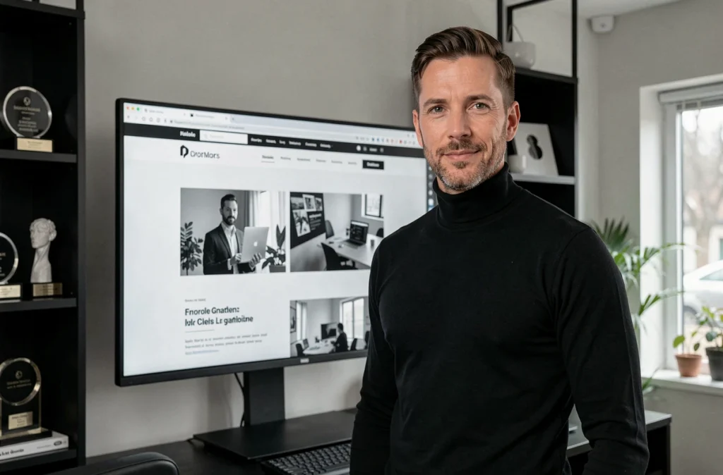 Directeur créatif de l'agence Oscar Black devant un écran affichant un site web en noir et blanc dans un studio design épuré