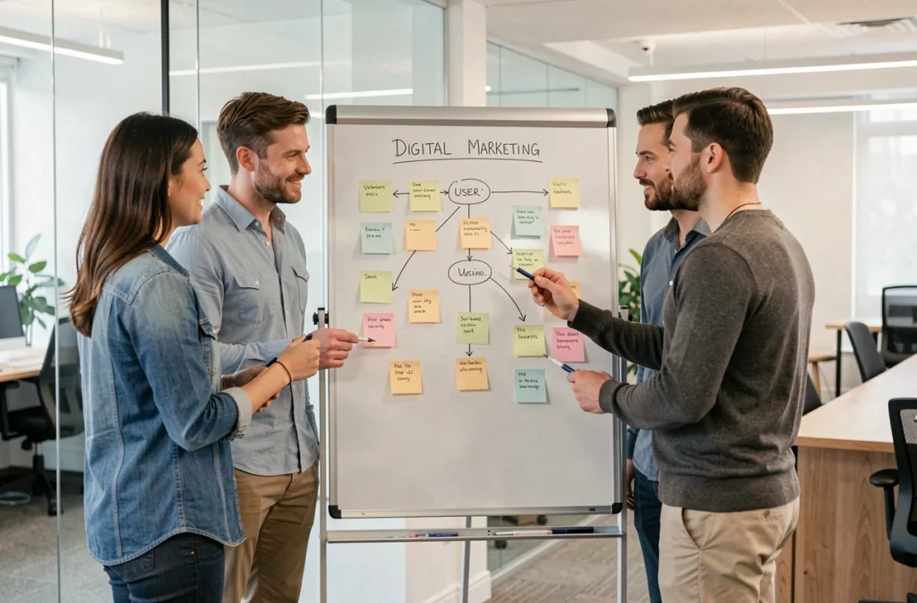 Équipe de l'agence So Comm collaborant autour d'un tableau blanc avec des notes autocollantes et une carte de parcours utilisateur
