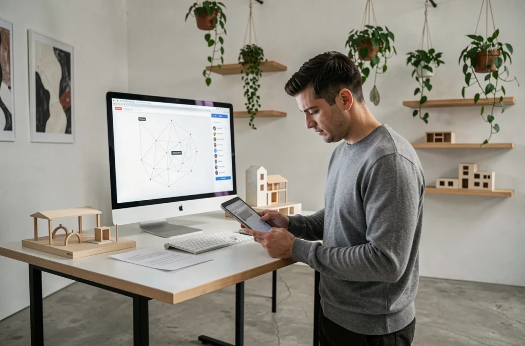 Designer de l'agence Suspended Studio travaillant sur une interface web géométrique minimaliste dans un studio épuré