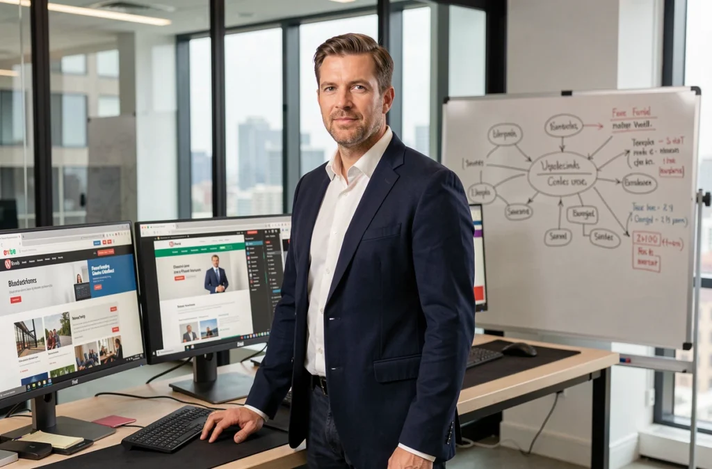 Directeur créatif de l'agence THRIVE à Bordeaux devant plusieurs écrans affichant des projets WordPress variés