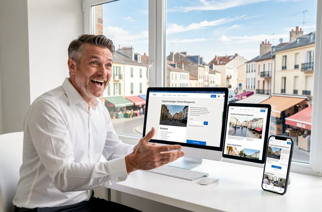 Entrepreneur numérique de l'agence Webdeclic présentant un design web responsive sur plusieurs écrans dans un bureau minimaliste avec vue sur une ville normande