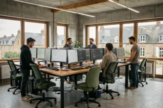 Bureau moderne d'une agence de développement web dans le Calvados avec des professionnels travaillant sur des écrans affichant des wireframes et du code