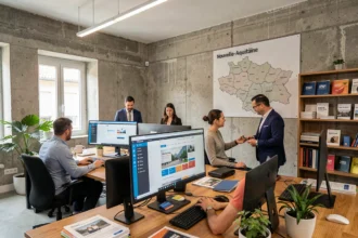 Bureau d'une agence WordPress en Nouvelle-Aquitaine avec des professionnels collaborant sur des projets web