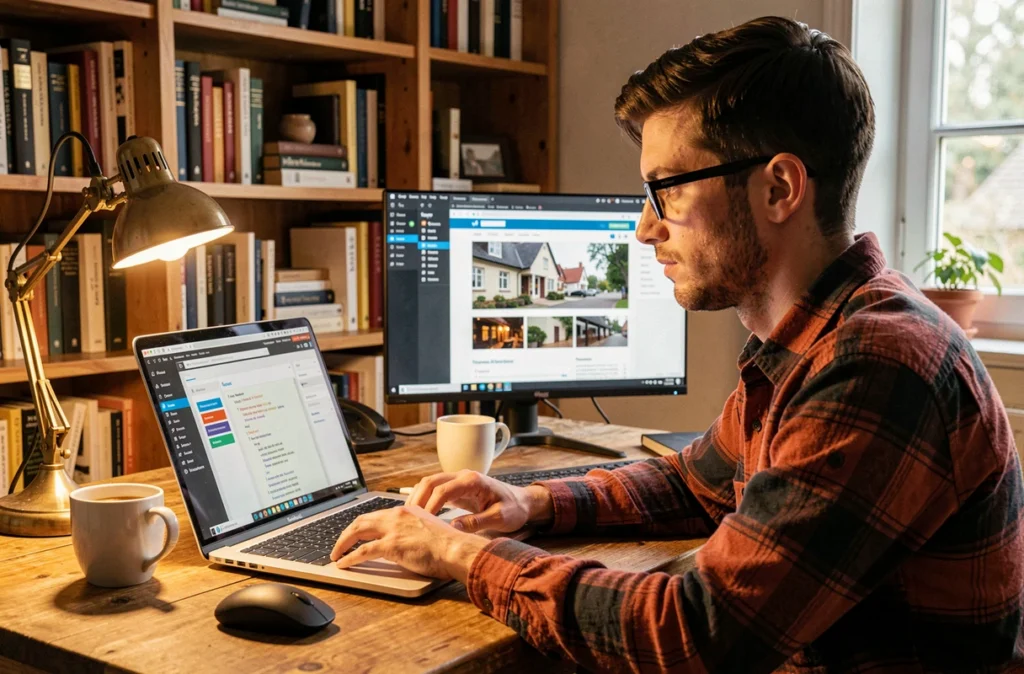 Clément Quatravaux, développeur WordPress freelance, travaillant sur l'édition d'un thème WordPress dans son bureau à domicile
