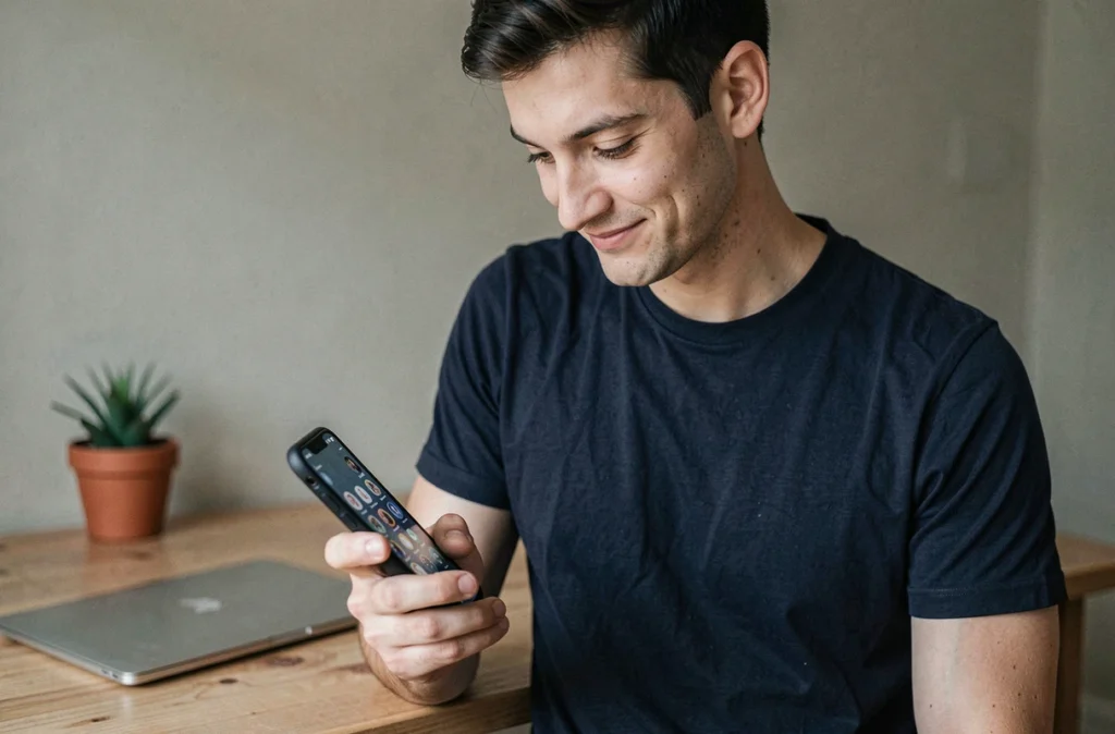 Homme consultant une story Snapchat de façon anonyme sur mobile dans un bureau à domicile