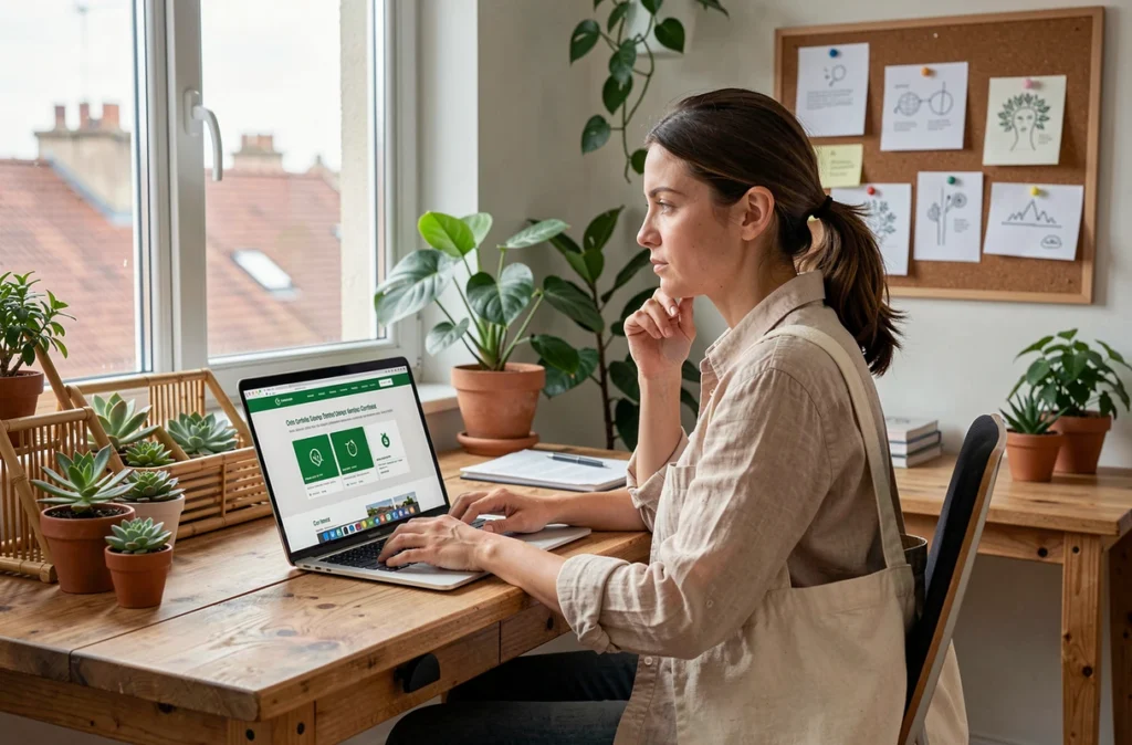 Designer spécialisée en éco-conception WordPress pour Ethiko à Bordeaux dans un espace de travail durable