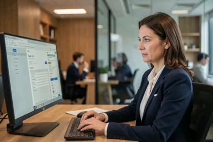 Femme professionnelle en blazer marine rédigeant un email avec champs Cc et Cci visibles sur écran de bureau en open space moderne