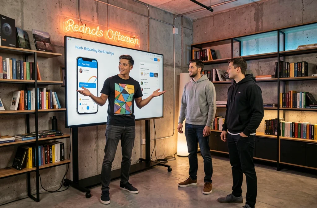 Équipe de l'agence Flashkode présentant un prototype d'application mobile dans un studio de développement au design industriel