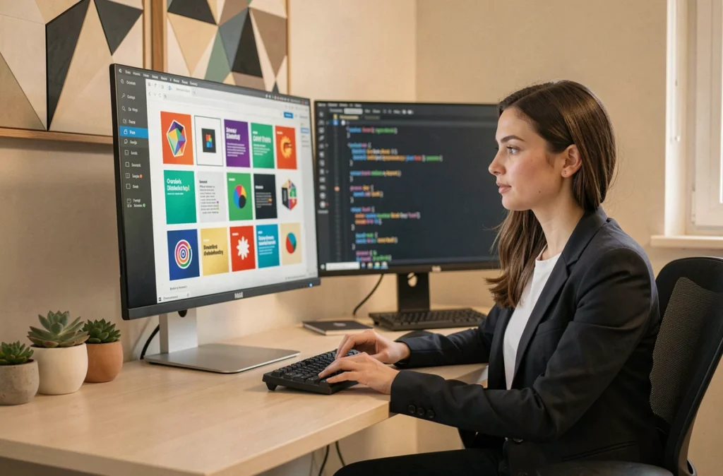 Designer de l'agence GM Creative travaillant sur des maquettes de design graphique et de développement web dans un bureau contemporain