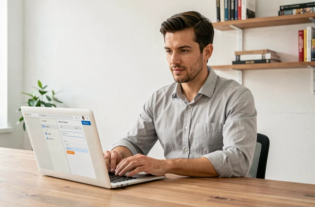 Homme en télétravail configurant les destinataires Cc et Cci d'un email professionnel sur son ordinateur portable dans un bureau à domicile épuré
