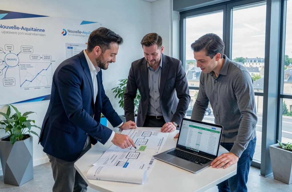 Équipe de Kwantic en réunion stratégique autour d'une feuille de route digitale en Nouvelle-Aquitaine