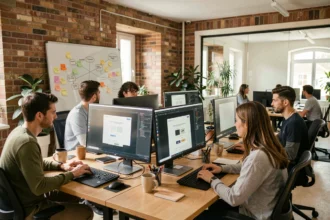 Vue d'ensemble d'une agence de développement web moderne dans la Marne, avec des professionnels collaborant autour d'écrans affichant des wireframes et du code