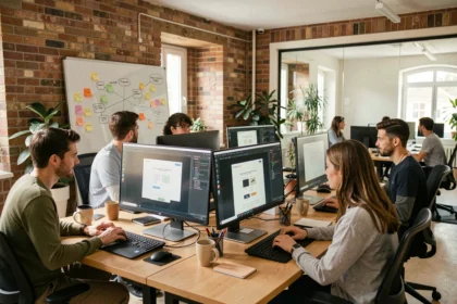 Vue d'ensemble d'une agence de développement web moderne dans la Marne, avec des professionnels collaborant autour d'écrans affichant des wireframes et du code