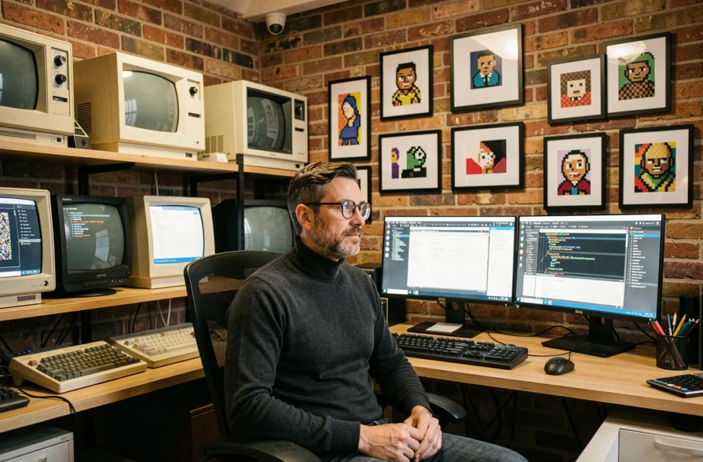 Développeur du Musée Informatique à Reims travaillant dans un bureau mêlant artefacts informatiques vintage et outils de développement web modernes