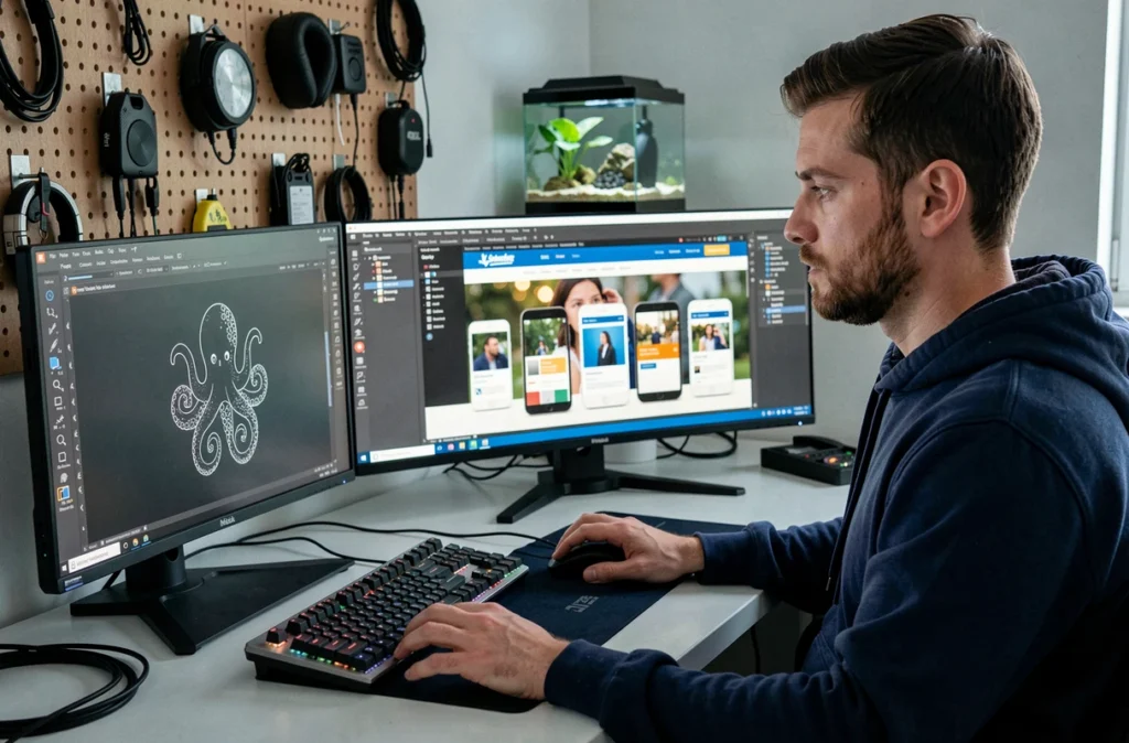 Développeur web de l'agence Octopus Web concentré sur la création d'interfaces responsives dans un bureau tech moderne