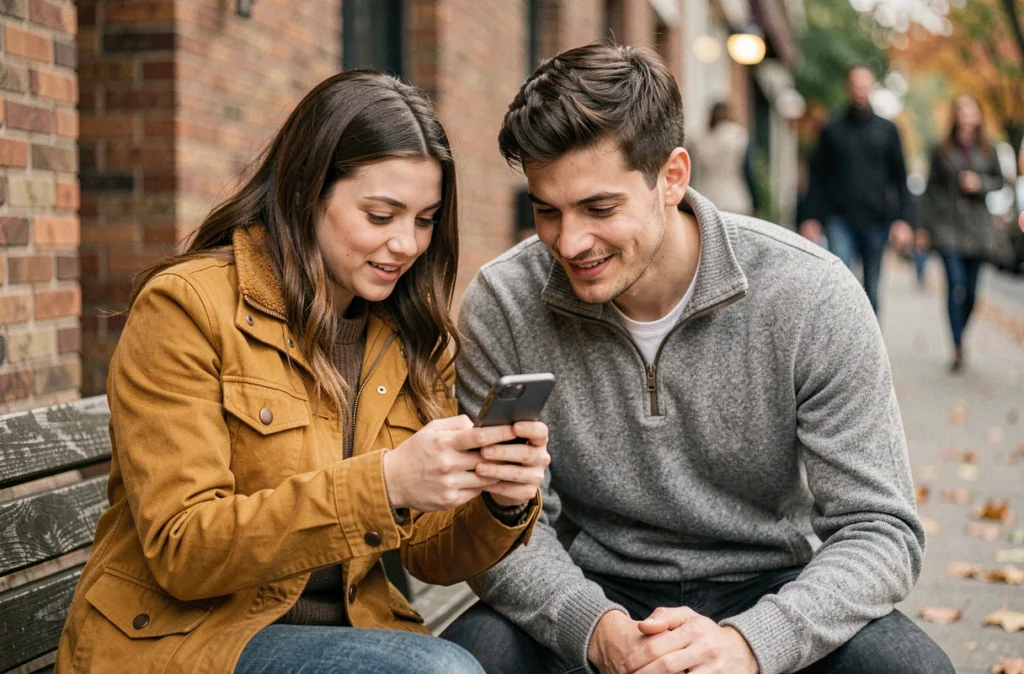 Deux amis regardant anonymement des stories Snapchat sur un smartphone en extérieur en ville