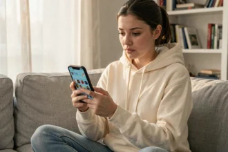 Jeune femme consultant anonymement une story Snapchat sur son smartphone dans un salon minimaliste