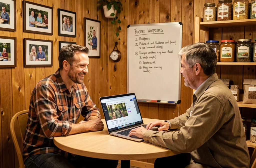 Consultant Webdevo présentant un site WordPress à un artisan local dans une agence conviviale