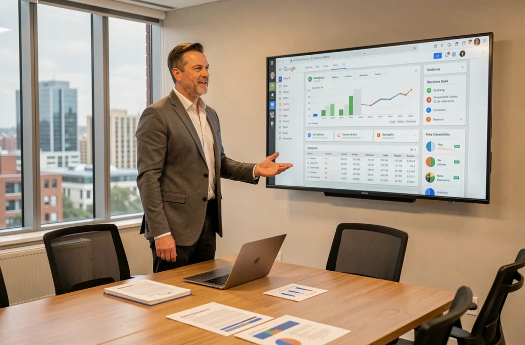 Consultant de Webmarketing Conseil à Reims présentant une stratégie SEO et de marketing digital devant des tableaux de bord analytiques