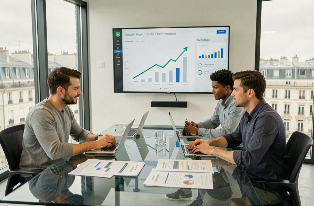 Équipe de Yield Studio analysant des performances de croissance digitale autour d'un tableau de bord dans un bureau avec vue sur la ville