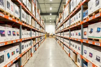 Allée d'entrepôt avec des cartons d'appareils électroniques en déstockage
