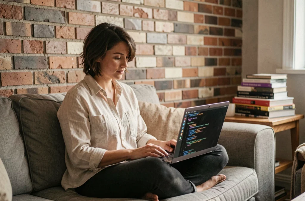 Jeune femme développeuse apprenant les commandes shell bash sur son ordinateur portable depuis chez elle, symbolisant l'importance de la ligne de commande pour les développeurs modernes