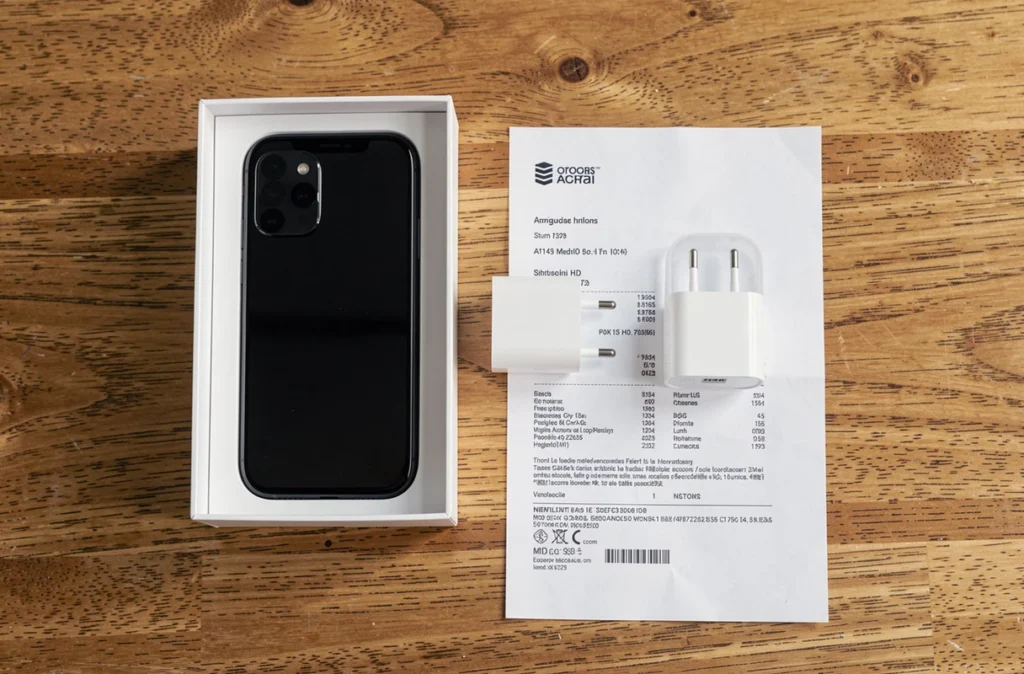 Smartphone et chargeur déballés sur une table avec une facture